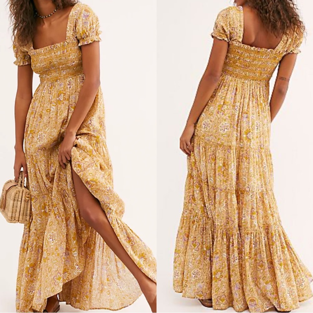 Free People Getaway Maxi Dress Tea Combo Yellow Floral XS